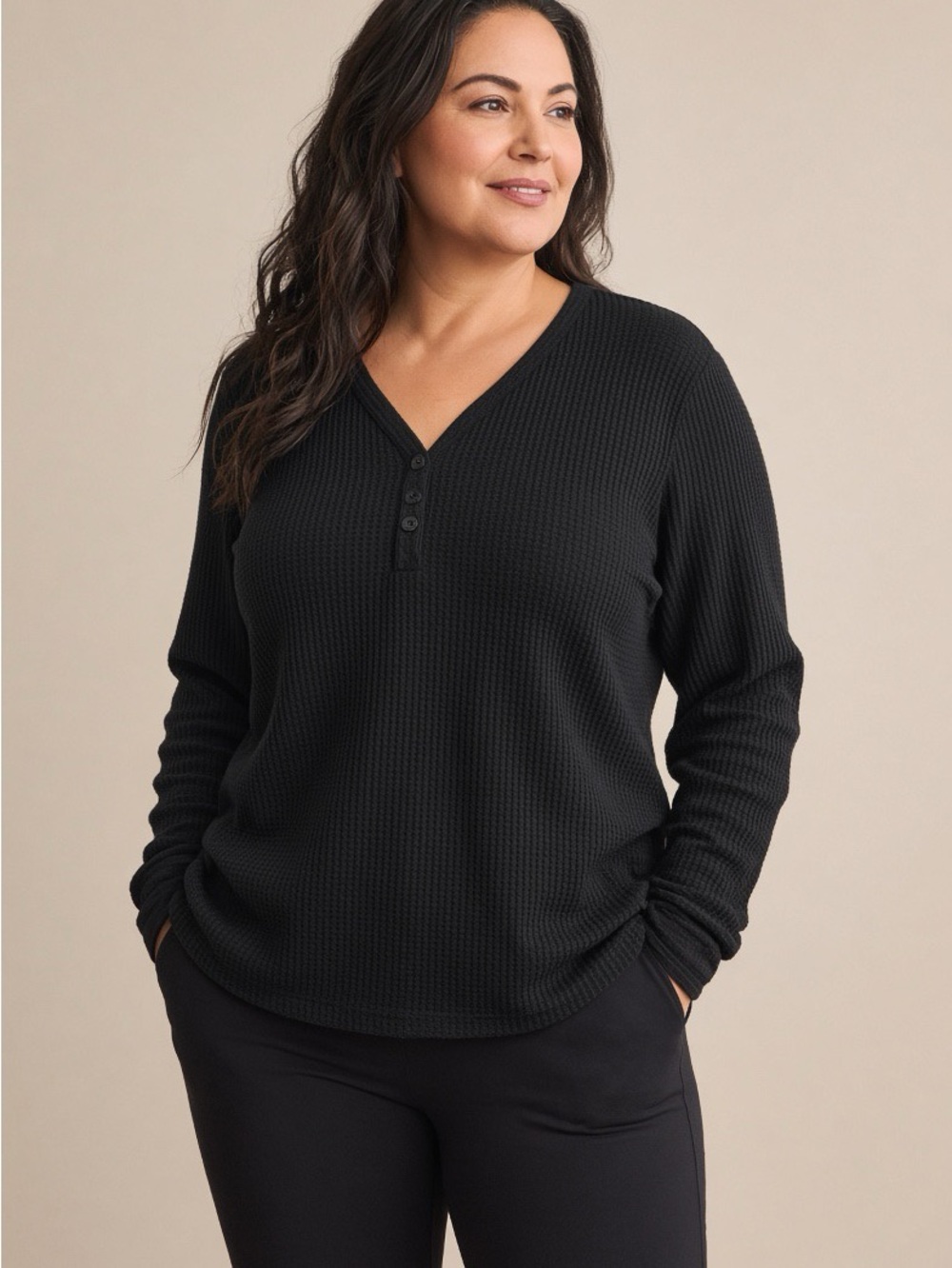 Athleta Waffle Knit Wind Down V-Neck Sleep Top - Black 2X NWT
